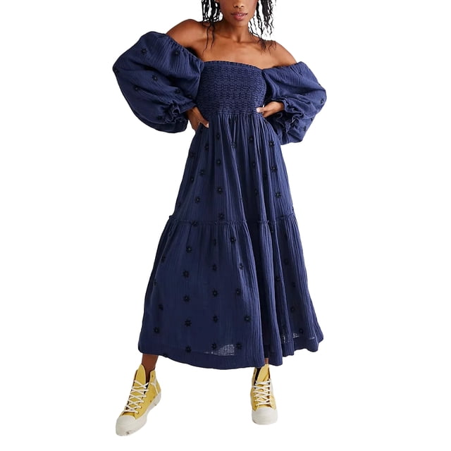 Kmbangi Robe Longue Décontractée d'Été pour Femme, Fleurs Brodées 3D, Encolure Carrée, Manches Bouffantes, Robe Mode Dos Nu, Robe Trapèze