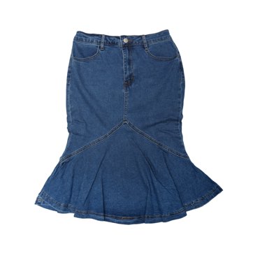 Unique Bargains Jupe en Denim Queue de Poisson pour Femme Taille Haute Moulante en Jean à Volants Jupes Bleu Foncé TP