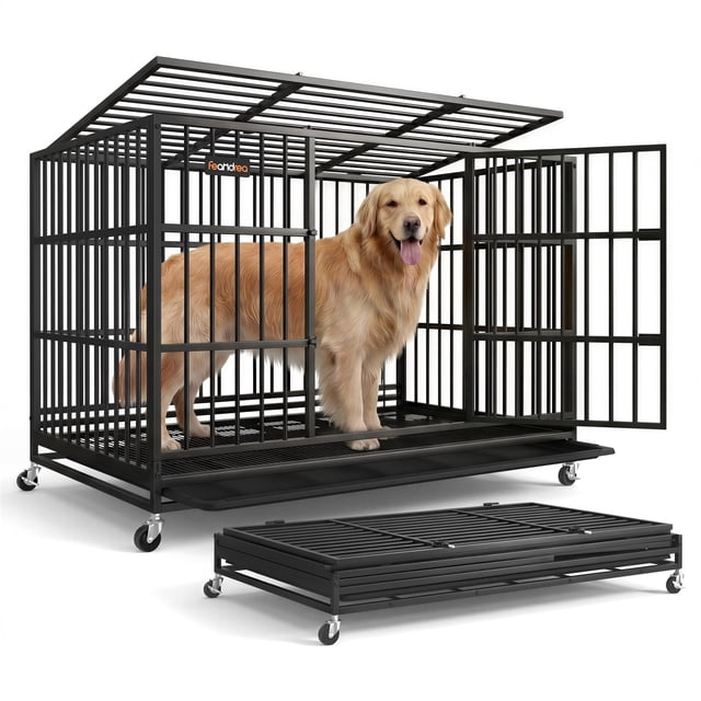 Feandrea Heavy-Duty Dog Crate, 5-Minute Quick Assembly, Lockable Wheels, Escape Proof Fixed Bottom, Removable Tray, Easy to Clean, Ink Black