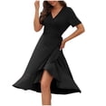 thumbnail image 1 of Robes Décontractées pour Femmes à Manches Courtes Portefeuille à Col en V à Volants Robe Midi d'Été Coupe Ample Fluide Asymétrique avec Ceinture, 1 of 5