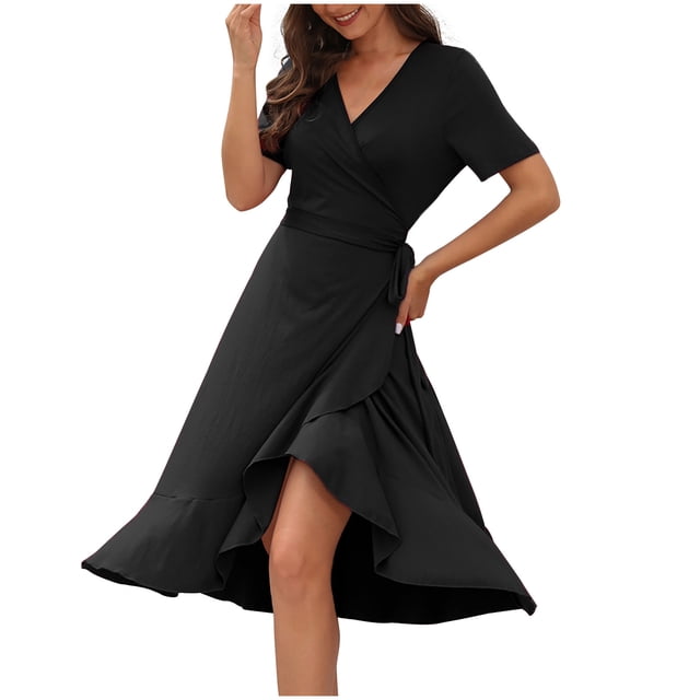 Robes Décontractées pour Femmes à Manches Courtes Portefeuille à Col en V, Robe Midi à Volants par Yuyuzo, avec Taille empire et Ourlet Fluide Asymétrique. la Robe Ceinturée à Manches Courtes Offre une Coupe Ample, Idéale comme Robe d'Été Décontractée.
