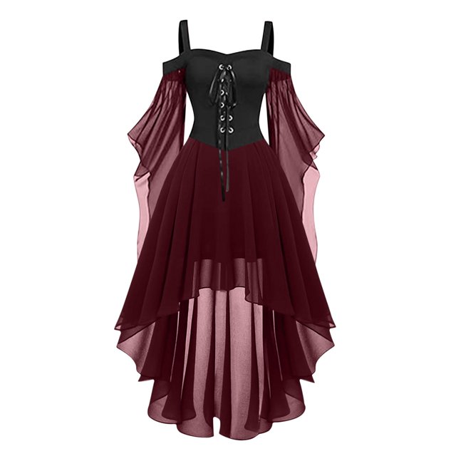 Robes Style Gothique pour Femmes Grande Taille Robe Midi Élégante avec Manches Évasées en Chiffon Tenue de Soirée Ourlet Irrégulier