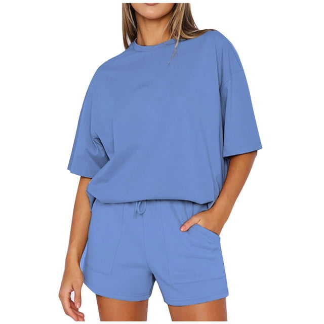 LNGOOR Ensembles Décontractés 2 Pcs pour Femmes, Hauts à Col Ras du Cou à Manches Courtes et Shorts à Cordon, Ensembles de Sport Survêtements avec Poches