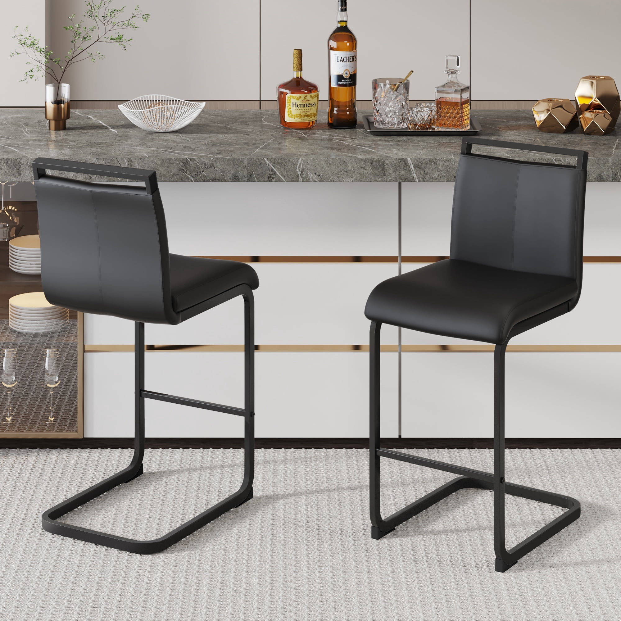 Noble House Ensemble de 2 tabourets de bar moderne, cuir PU noir avec cadre métallique, dossier ergonomique de 38" et pieds antidérapants, noir