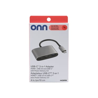Onn USB-C, HDMI, USB 3.0 3-in-1 Adapter with Power Delivery 3.0 - Grey