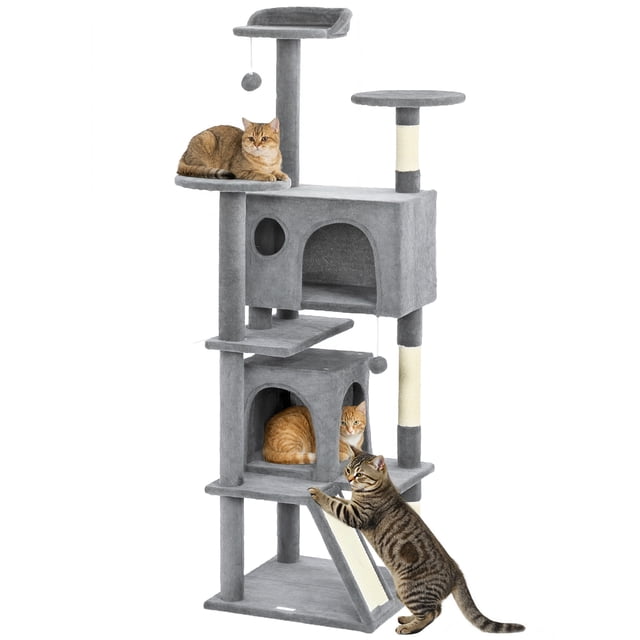 PawHut 54" Cat Tree Tower with Scratching Posts, Cat Condos, Light Grey