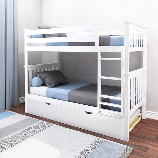BEDSMART Solid Wood Twin Over Twin Bunk Bed With Trundle in white, crafted from durable New Zealand pine wood with slatted headboards and a space-saving design. Ideal for kids' rooms, it includes a trundle drawer that accommodates a standard twin mattress up to 8 inches thick. The bunk bed is displayed in a bright, modern setting with blue and grey bedding and a hardwood floor.