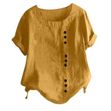 LMKIHUSA Women Cotton Linen Casual Shirt Button Down Round Neck Blouses Short Sleeve Summer 2025 Tops Elegant Floral Print Tees Yellow,M
