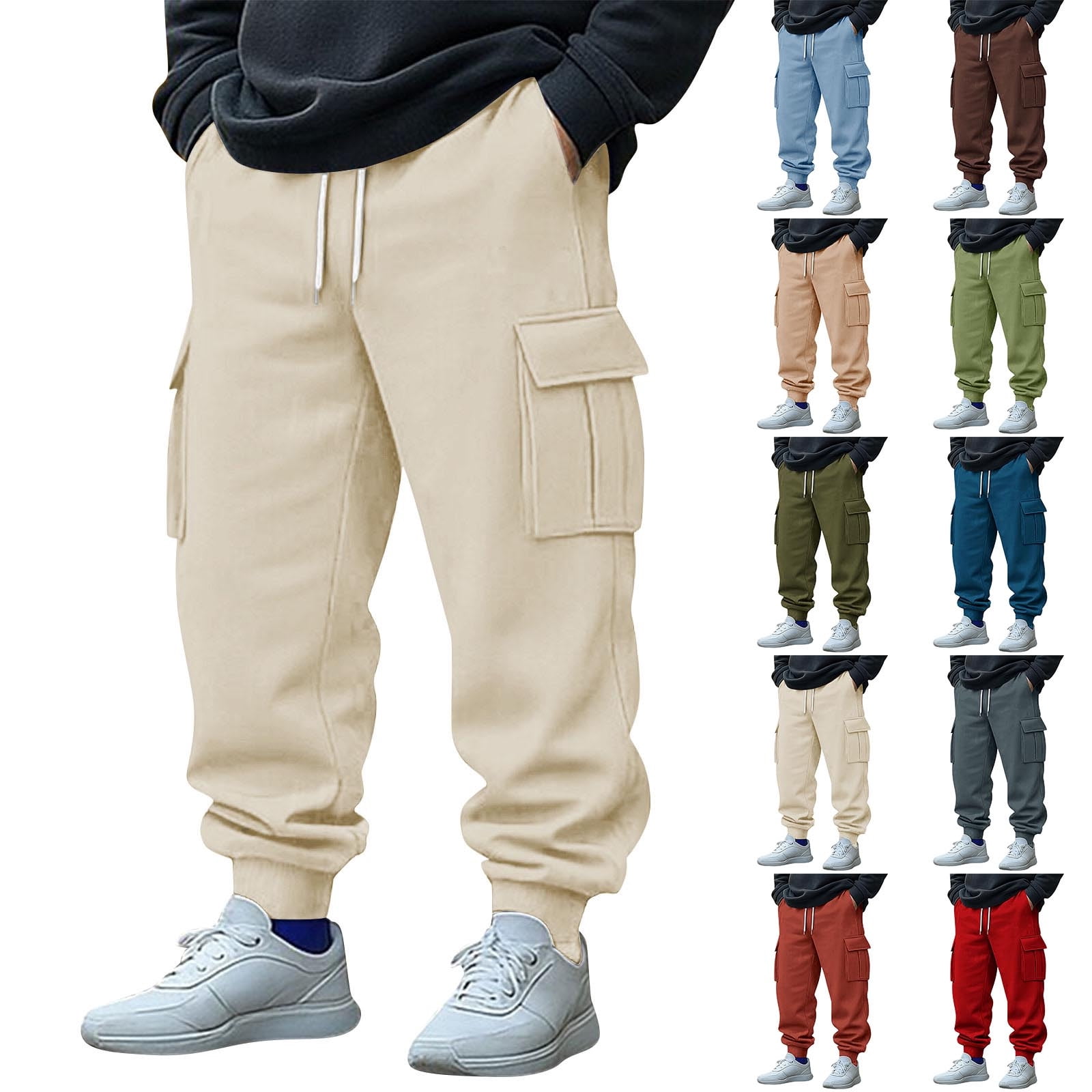 Yuyuzo Pantalon Cargo de Survêtement pour Homme Décontracté à Cordon, Joggers d'Entraînement en Molleton, Couleur Unie, Pantalon Athlétique avec Poches