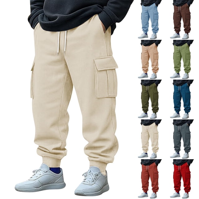 Yuyuzo Mens Cargo Sweatpants Causal Drawstring Workout Joggers Fleece Solid Color Athletic Pants with Pockets