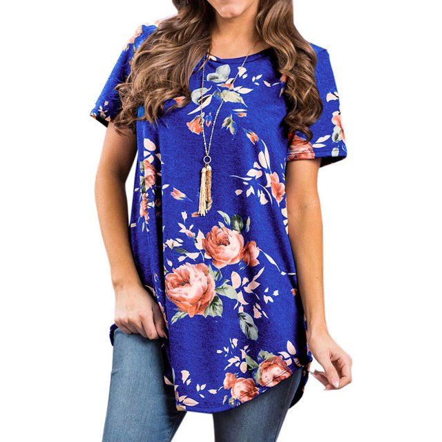 Women Round Neck Short Sleeve Floral Print Asymmetric Hem Shirt