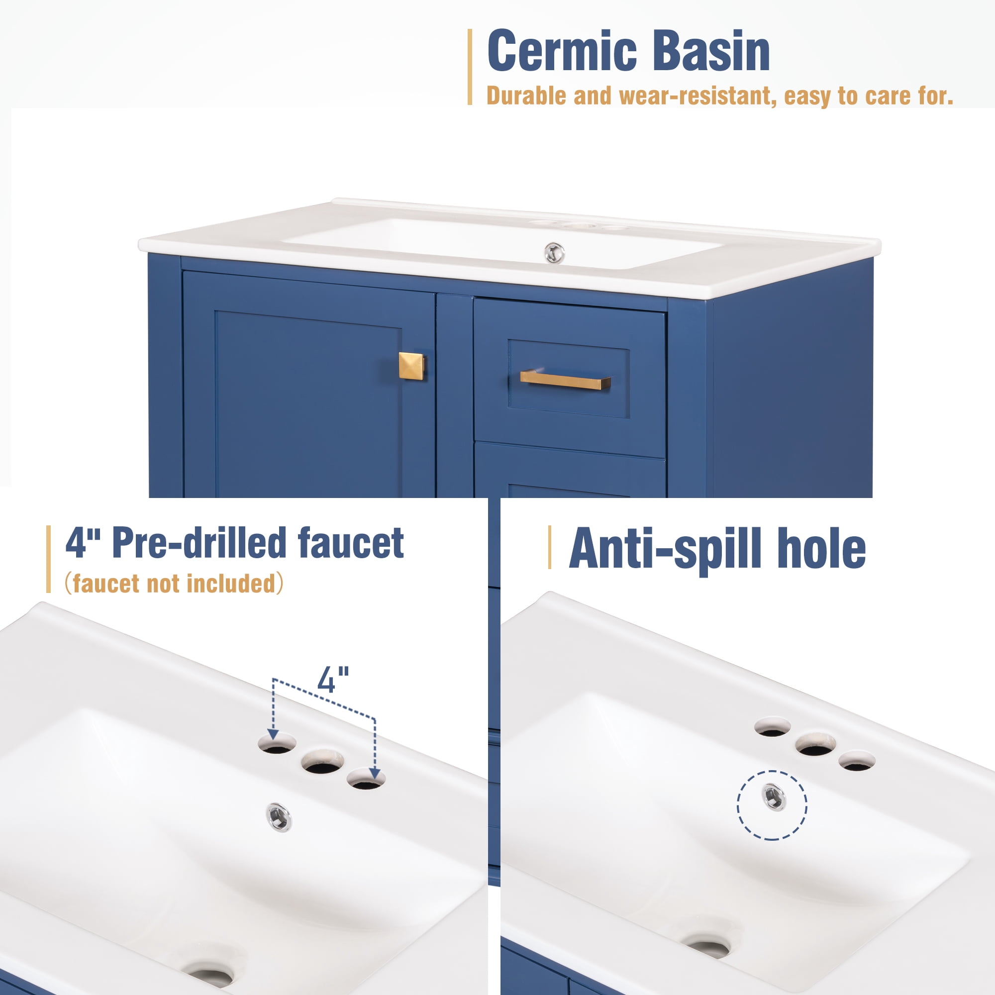Homy Casa 30 Inch Modern Blue Bathroom Vanity Cabinet Set with Ceramic Basin, Solid Wood Frame, Soft-Close Door & Drawers
