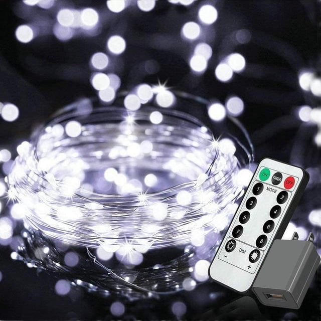 Plug in Fairy Lights with Remote Control Timer, featuring 8 lighting modes and 100 dimmable LED bulbs on a 33ft silver wire. These warm white firefly lights are waterproof with an IP65 rating, ideal for indoor and outdoor decoration. Includes a UL-listed power adapter and remote control.