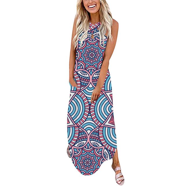 Birdeem Robe Longue Décontractée pour Femme à Col en V Sans Manches Imprimée, Coupe Ample, Style Camisole, Longue Robe+poche