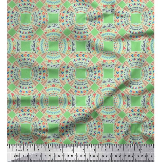 Soimoi Green Silk Fabric Mandala Geometric Printed Fabric 1 Yard 42 Inch Wide