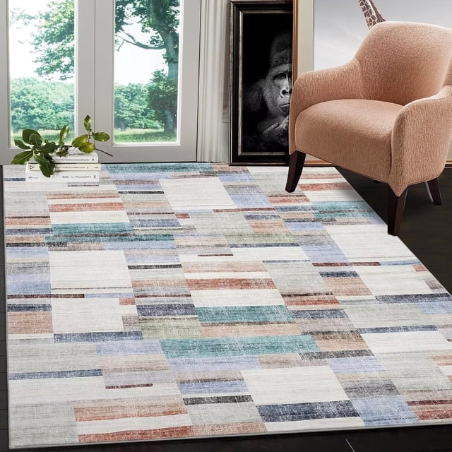 YUSAZENS 9 x 12 Modern Geometric Abstract Area Rug, Farmhouse Soft Foldable Accent Rug for Dorm, Playroom, Apartment, Non-Slip Carpet for Living Room Multi-color