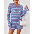 thumbnail image 4 of FOCUSNORM Ensemble de Vêtements pour Femmes 2 Pcs Shorts d'Automne Rayures Patchwork Col Rond Manches Longues Pull Hauts Tricotés Shorts, 4 of 9
