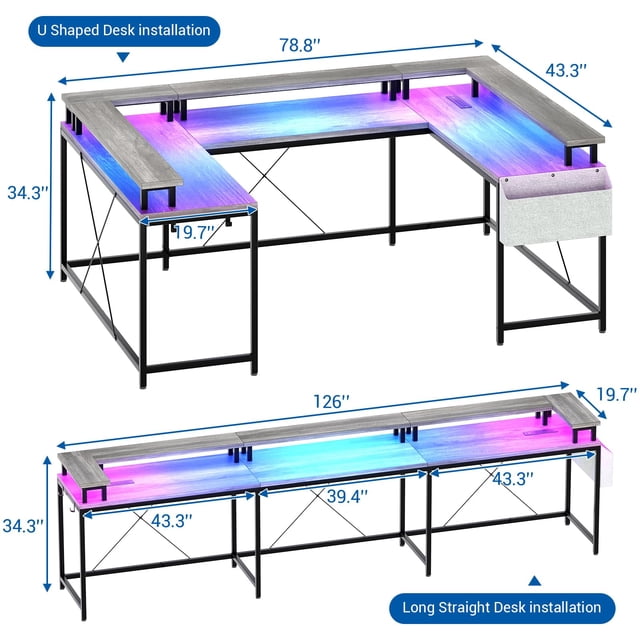 GloryStar Bureau de Bureau à Domicile en Forme de U, Bureau d'Ordinateur de Jeu en Forme de L Réversible avec Prises de Courant, Bureau d'Ordinateur de 126 Pouces avec Support pour Moniteur et Lumières DEL, Étagères de Rangement, Sac de Rangement et Crochets
