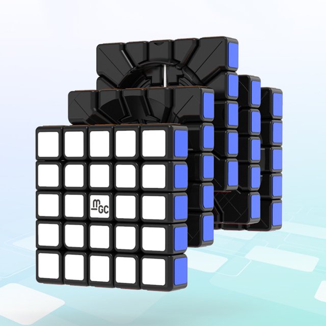 OUTOP Mgc 5x5 Magnetic Magic Cube, a professional racing competition puzzle cube designed for children and enthusiasts. The cube features a black frame with white and blue tiles, showcasing its smooth edges and magnetic mechanism for enhanced control and speed. Ideal for stress relief, focus improvement, and as a birthday or holiday gift.