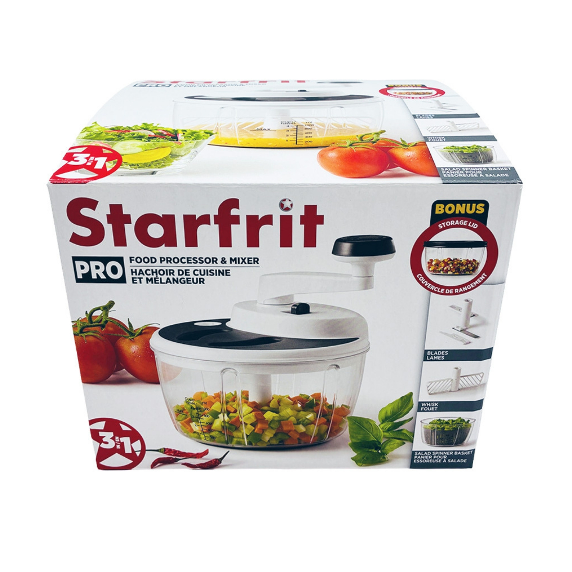 Starfrit Pro Food Processor & Mixer 3-in-1 Manual Food Chopper, Whisk & Salad Spinner, Ice Crushing, 2 Speeds, 1L Bowl, Salsa, Hummus, Mayo & Dressing