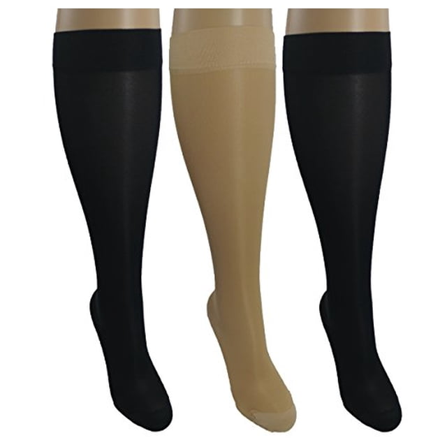 3 Paires Transparentes de Bas de Compression pour Femmes Petites/moyennes, Compression Graduée Modérée/moyenne 15-20 mmHg. Bas Thérapeutiques, Professionnels, de Voyage et d'Avion Jusqu'au Genou. Couleurs Assorties : 1 Nude, 2 Noir.