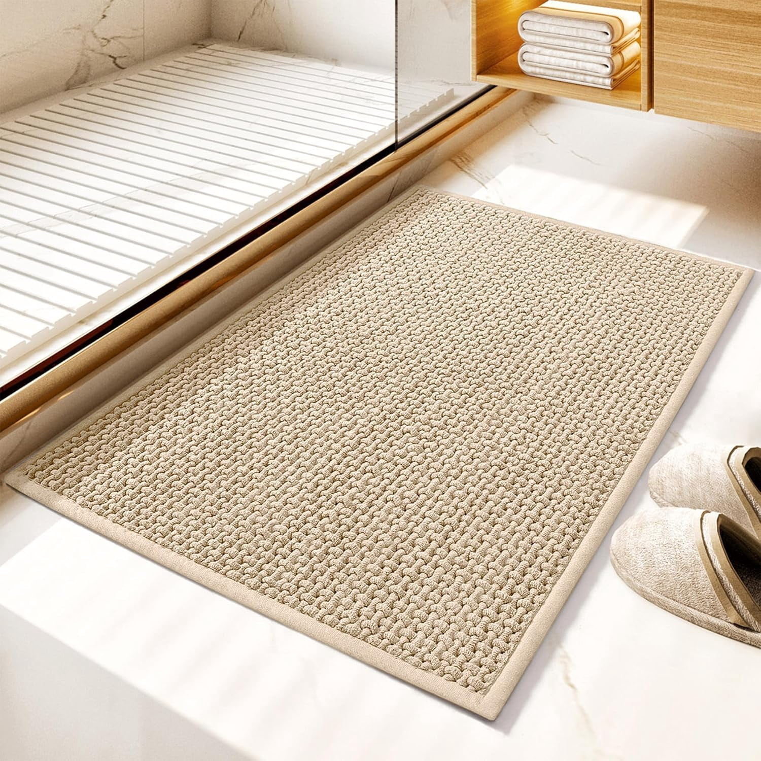 GRANNY SAYS Beige Bathroom Rugs, Absorbent Bath Mats for Bathroom, 16"x 24", Chenille Bathroom Mat, Small Bath Rugs Non Slip Washable, Quick Dry Thin Bath Mat for Tub and Shower