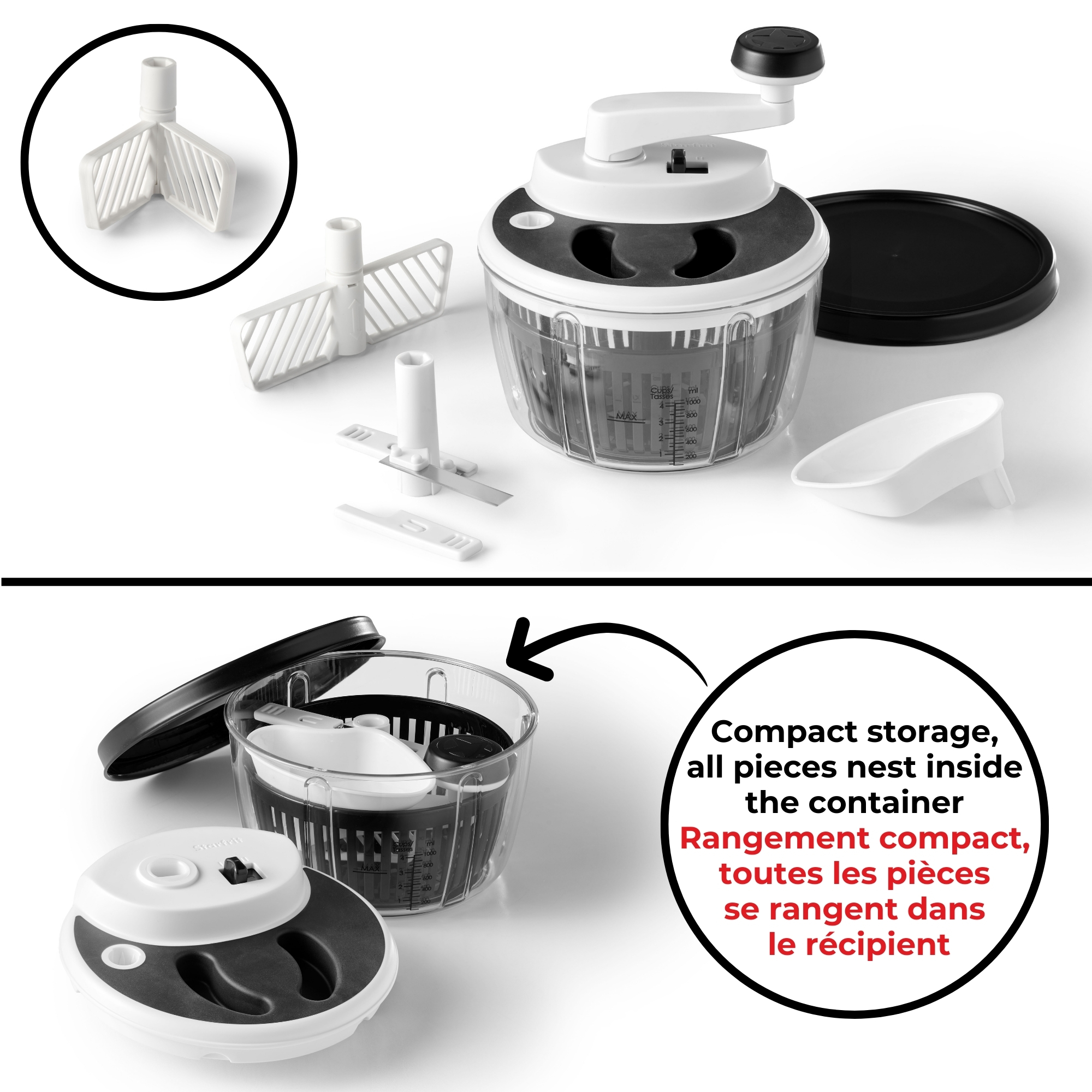 Starfrit Pro Food Processor & Mixer 3-in-1 Manual Food Chopper, Whisk & Salad Spinner, Ice Crushing, 2 Speeds, 1L Bowl, Salsa, Hummus, Mayo & Dressing