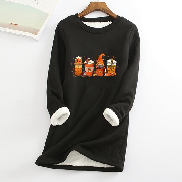 Costumes d'Halloween pour Femmes, Col Rond, Poche Épaissie, Peluche Chaude, Hauts à Manches Longues, Chandail en Molleton Col Rond d'Halloween en Liquidation