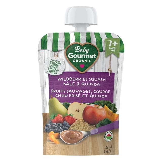 Baby Gourmet Purée Biologique de Baies Sauvages, Courge, Chou Frisé et Quinoa, Pochette pour Nourriture pour Bébé avec Dessus Rayé Vert et Blanc, Présentant des Bleuets, Fraises, Poire, Pomme, Chou Frisé, Quinoa et Courge butternut sur une surface en Bois, pour Bébés de 7 Mois et Plus, avec 3 Grammes de Fibres et Sans Sucre Ni Sel Ajoutés dans un Emballage Sans BPA.
