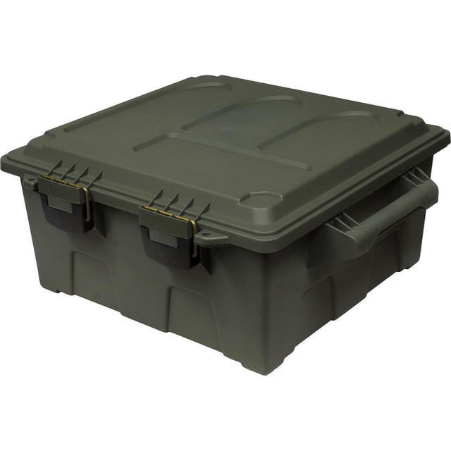 Mil-Spex Survival Storage Box constructed from durable dark green polypropylene with a water-resistant rubber gasket sealed lid, featuring two black latches and a side handle, measuring 18 by 19.25 by 8.25 inches, suitable for fishing tackle and outdoor equipment storage.