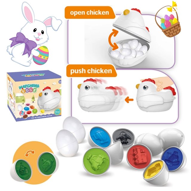Multicolor Easter Egg Matching Game 12 Piece Set With Chicken Storage Box Shape Sorter Toy Early Learning Educational Toy For Toddlers Fine Motor Skills Toy Pull String Toy 6.9X5.9X5.3 Inc
