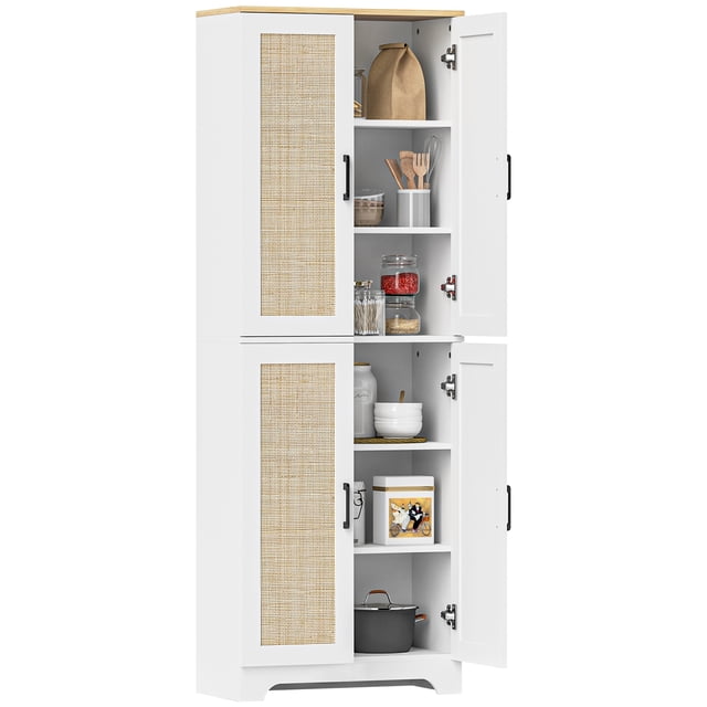 HOMCOM Kitchen Pantry with 4 Rattan Doors and Adjustable Shelves, White front-facing view of a 23.6" W x 11.8" D x 66.9" H pantry cabinet with four shaker rattan doors and steel handles. Six internal tiers with 3-level adjustable shelves, 1.6" elevated base, particleboard construction; suitable for organizing dishes, small appliances, or pantry goods.