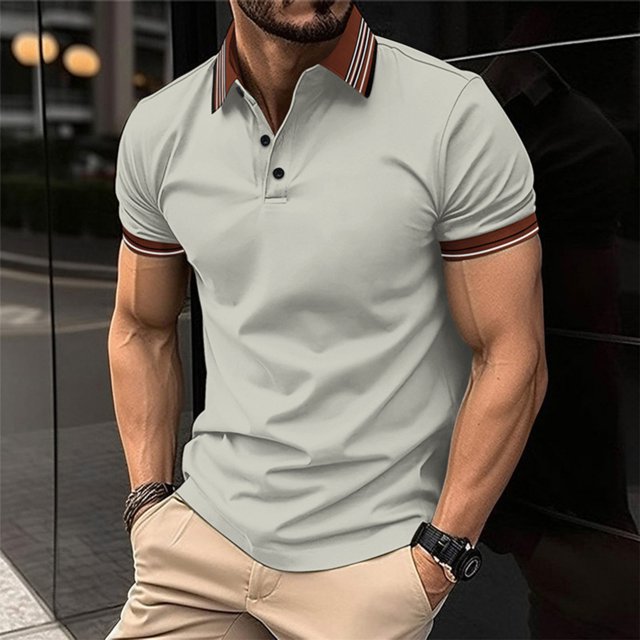 Haut pour Hommes à Col Rabattu à Boutons, Manches Courtes, Rayé, Haut de Sport, Chemise