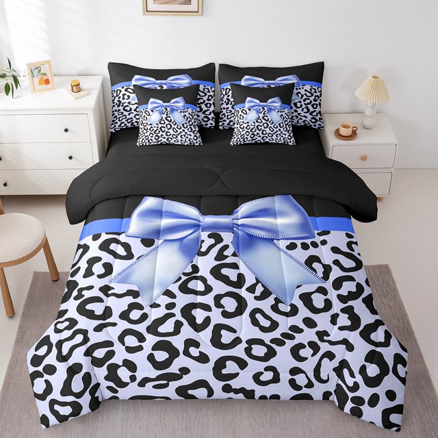 Erosebridal Ensemble de Literie avec Nœud de Rêve, Taille Grand, Imprimé Guépard, Ensemble de Couette avec Draps, Bleu Noir, Réversible 7 Pcs
