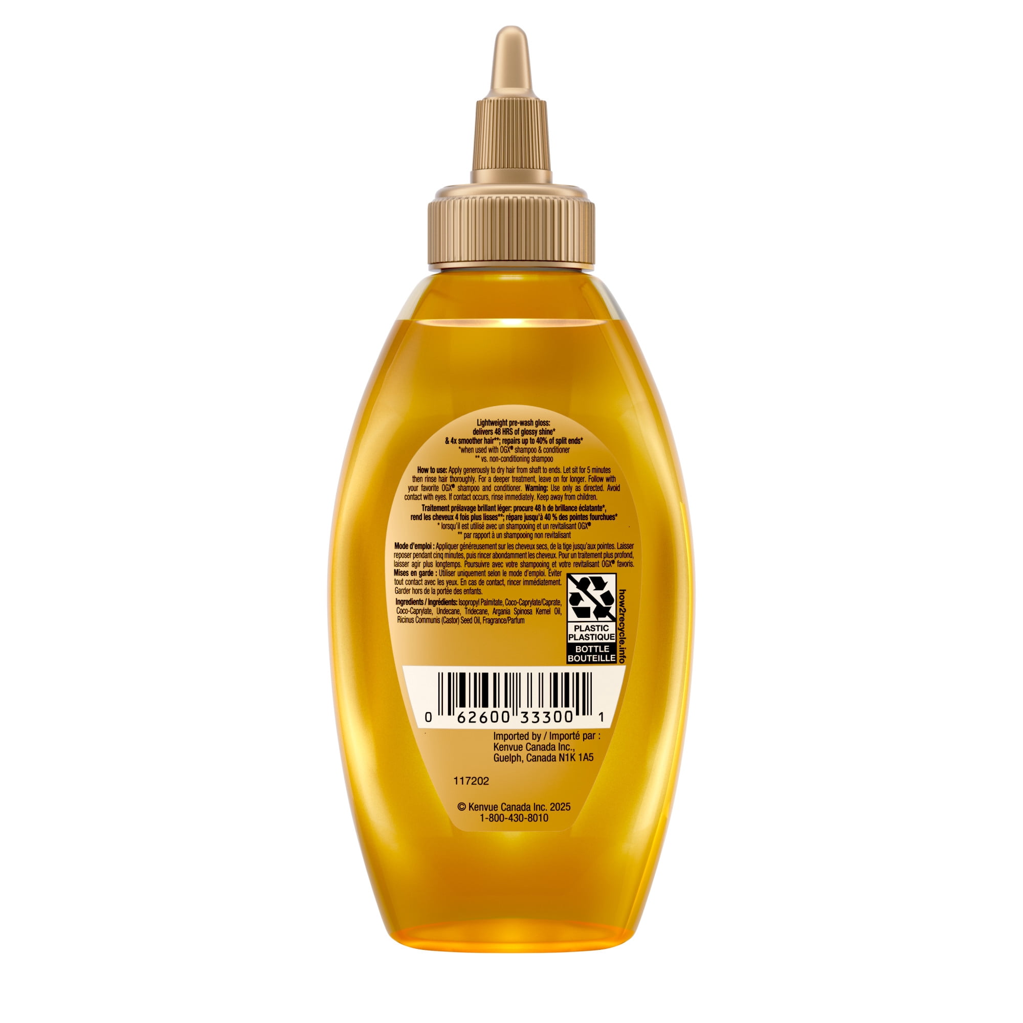 OGX Éclat Miroir + Huile d'Argan Gloss Capillaire Prélavage, Traitement Lissant à Rincer pour 48 Heures d'Éclat Brillant* & Réparation Nourrissante, Huile Capillaire Légère Répare les Pointes Fourchues***