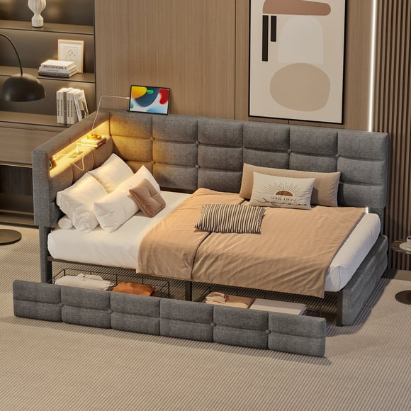 Noble House Upholstered Twin Size Daybed with Storage 2 Drawers and Charging Station,Gray