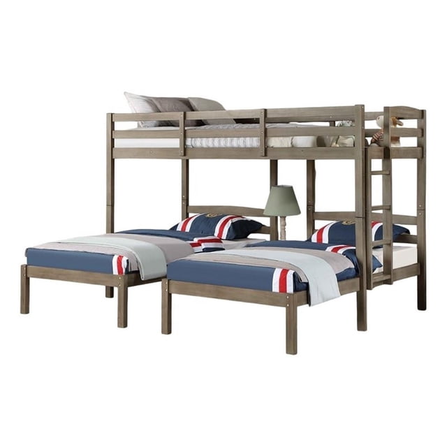 Lit Superposé Triple Simple Tenn - Table de Nuit Intégrée et Port USB - Bois Gris
