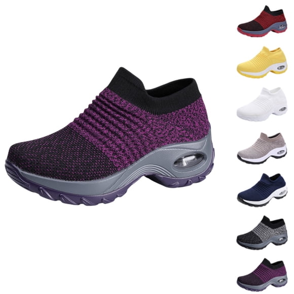 longantii Orthopedic Dress Shoes for Women Arch Support Slip on Non Slip Tennis Shoes Lightweight Knitted Mesh Stretch Work Shoes Comfortable 2026 Orthopedic Shoes Dark Purple