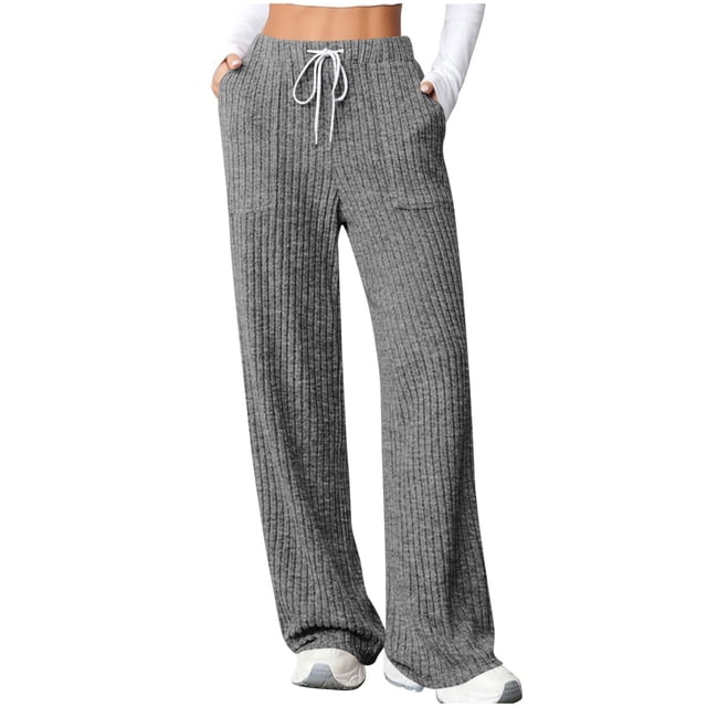 fatyb Womens Casual Ribbed Knit Pants Wide Leg Lounge Pants with Pockets Drawstring Loose Comfy Trousers