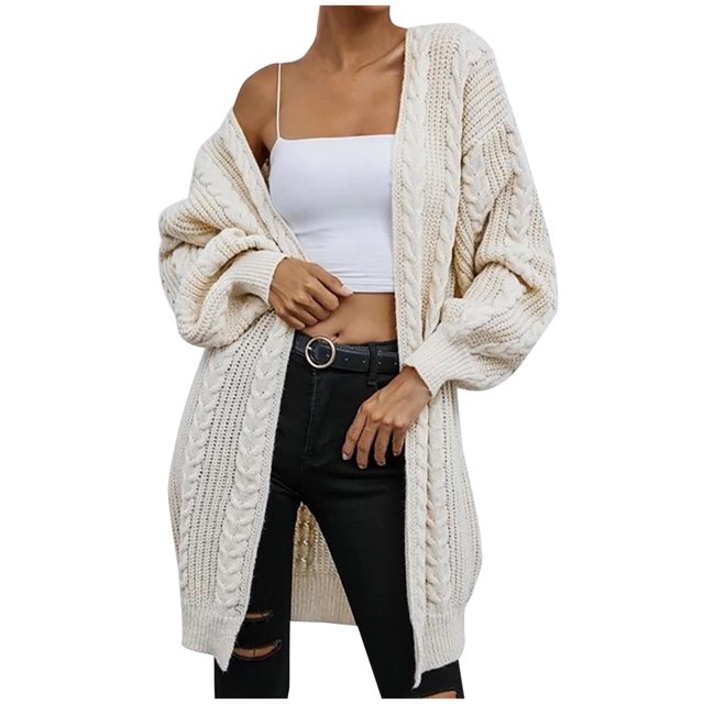 IROINID Women's Open Front Cardigans Sweater Solid Color Casual Mid-Long Long Sleeve Knitting Cable Sweaters Tops