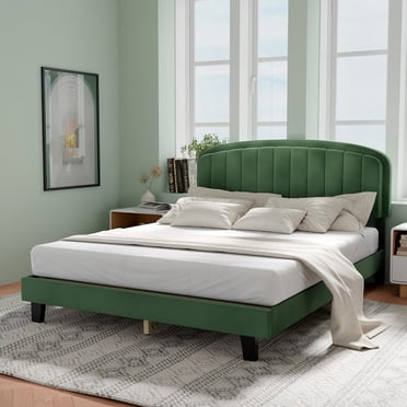 TOYTEXX Lit Plateforme en Velours Rembourré Format Grand, Tête de Lit Réglable – Tout Âge, Vert