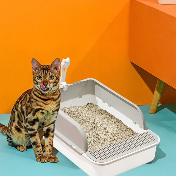 Meitianfacai Semi-Enclosed High-Sided Cat Litter Box with Removable Cover Splash-Proof Design Extra Space for Adult Cats Included Litter Scoop Pet Toilet Odor Control (Gray)