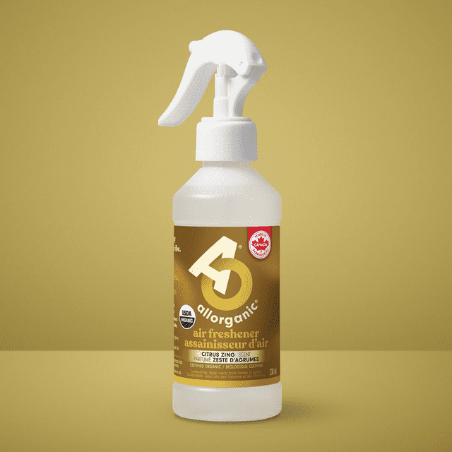 allorganic® Air Freshener, Citrus Zing in a white spray bottle with a brown label featuring the allorganic logo, USDA organic certification, and Made in Canada mark, containing a plant-based, USDA-certified organic formula with orange and cedarwood essential oils for natural room fragrance, suitable for freshening home spaces safely.
