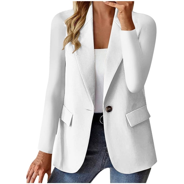 TIMIFIS White Women's Blazer Cardigan Button Notch Laple Long Sleeve Open Front Cardigan with Pocket Solid Color Jacket Work Office Blazer Outfall Business Clothes
