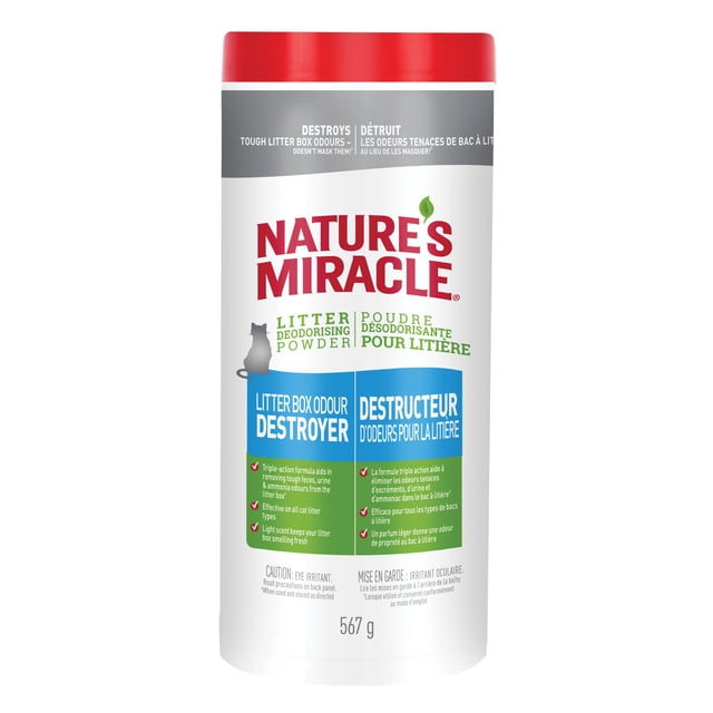 Nature’s Miracle Litter Box Deodorizer 567 g container with red lid and white body, featuring bilingual English and French text, formulated to destroy tough cat litter box odors with a triple-action formula suitable for all litter types, providing fresh scent and effective odor control for single or multi-cat homes.