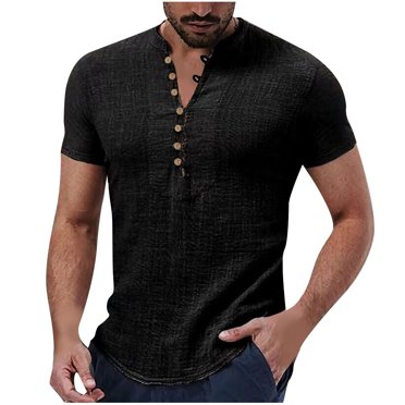 FAIWAD Hauts pour Hommes en Coton et Lin Décontractés à Manches Courtes, Chandail Boutonné, Hauts Ajustés Légers, T-Shirt Blouse
