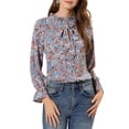 thumbnail image 1 of INSPIRE CHIC Women's Bow Tie Ruffle Collar Button Down Long Sleeve Floral Blouse XS Blue, 1 of 8