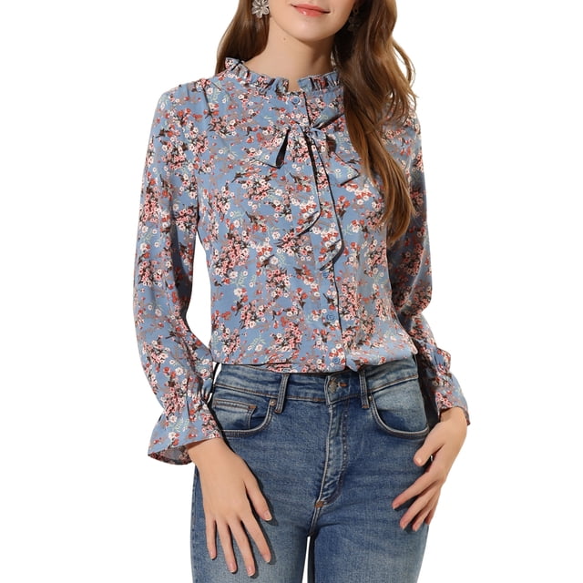 INSPIRE CHIC Women's Bow Tie Ruffle Collar Button Down Long Sleeve Floral Blouse XS Blue