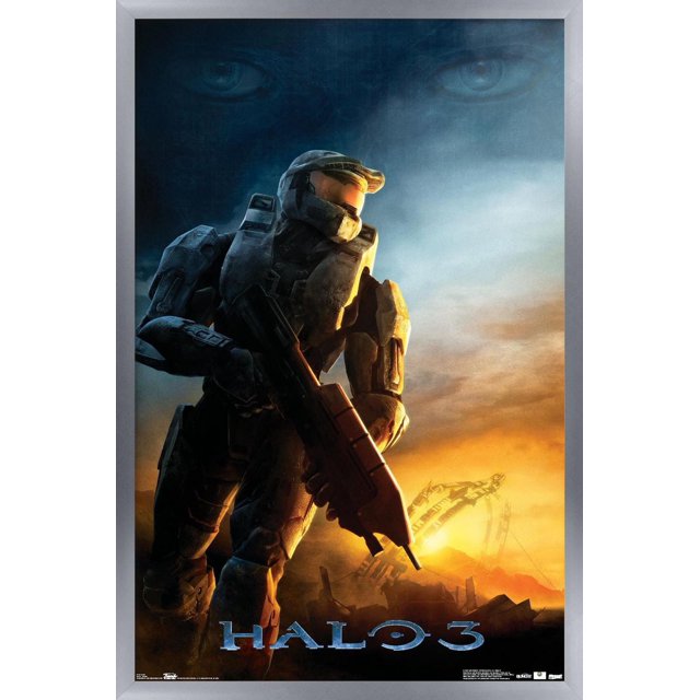 Halo 3 - Affiche Murale « Awakening » Représentant un Soldat Blindé Orienté vers l'Avant Tenant un Fusil avec une structure sci-fi Lumineuse et un Ciel au Coucher du Soleil en Arrière-Plan, Imprimée sur du Papier Affiche Lustré Mesurant 22,375 par 34 Pouces, Convient à la Décoration Murale de Chambre Ou de Bureau.