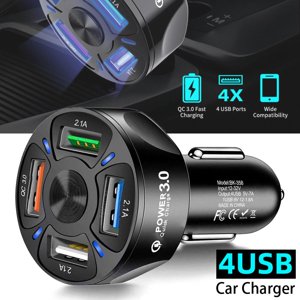 4 Chargeur de voiture portuaire USB Adaptateur 12-24V Adaptateur de chargeur de voiture USB Chargeur de voiture QC 3.0 Chargeur de téléphone de voiture pour allumeur de cigarette à charge rapide (Noir)